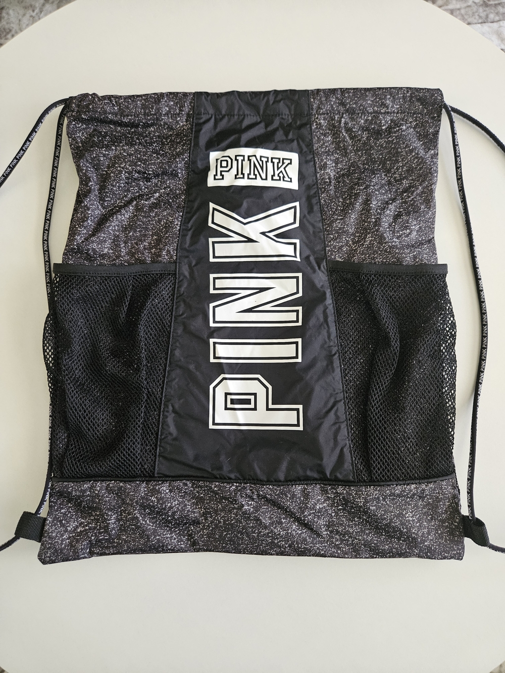 Victoria’s Secret PINK Drawstring Gym Backpack in Black and Heathered Gray